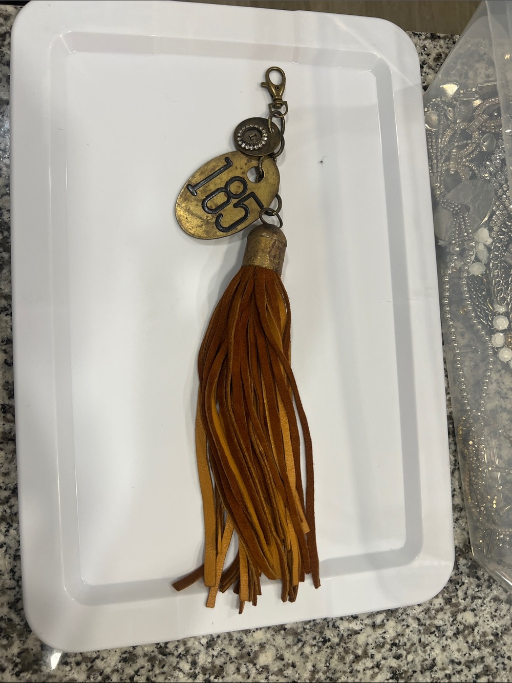 Vintage Leather Tassel Keychain with Brass Number Tag - Amber Brown